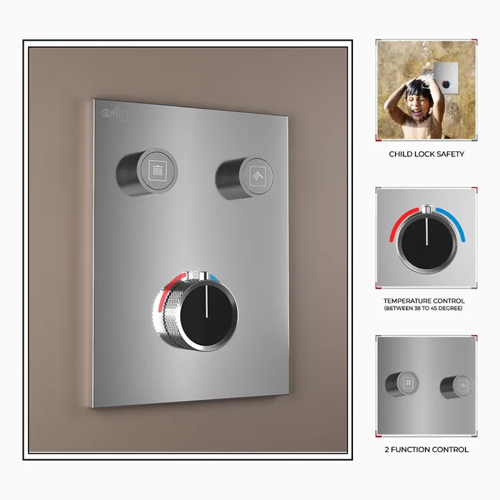 Gravity Bath 2-Function Smart Thermostatic Diverter â Chrome | Brass Body | Child Lock | 760Ã560 mm| Anti-Scald Safety | Dual Inlet & Outlet | Flush-Mount Design
