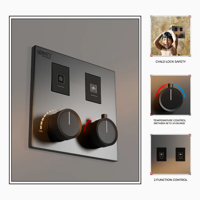 Gravity Bath 2-Function Thermostatic Diverter â Grey Finish | Brass Body | Child Lock | 760Ã560 mm| Anti-Scald Safety | Dual Inlet & Outlet | Flush-Mount Design