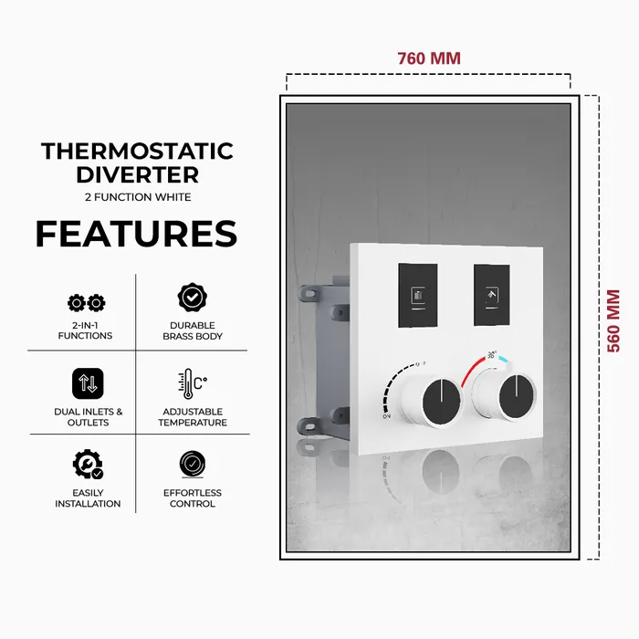 Gravity Bath 2-Function Smart Thermostatic Diverter â white | Brass Body | Child Lock | 760Ã560 mm| Anti-Scald Safety | Dual Inlet & Outlet | Flush-Mount Design