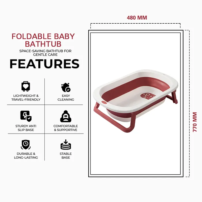 Foldable Baby Bathtub, Portable Space-Saving Design,Red