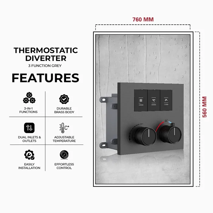 Gravity Bath 3-Function Thermostatic Diverter â Grey Finish | Brass Body| Child Lock | 760Ã560 mm | Anti-Scald Safety | Dual Inlet & Outlet | Flush-Mount Design