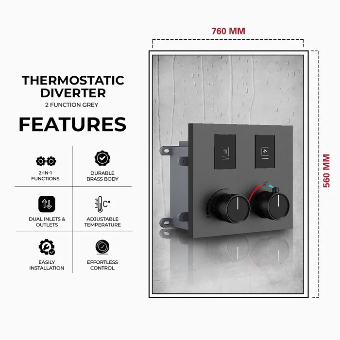 Gravity Bath 2-Function Thermostatic Diverter â Grey Finish | Brass Body | Child Lock | 760Ã560 mm| Anti-Scald Safety | Dual Inlet & Outlet | Flush-Mount Design