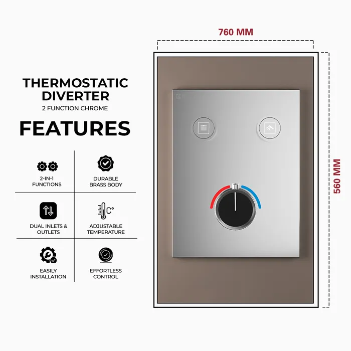 Gravity Bath 2-Function Smart Thermostatic Diverter â Chrome | Brass Body | Child Lock | 760Ã560 mm| Anti-Scald Safety | Dual Inlet & Outlet | Flush-Mount Design