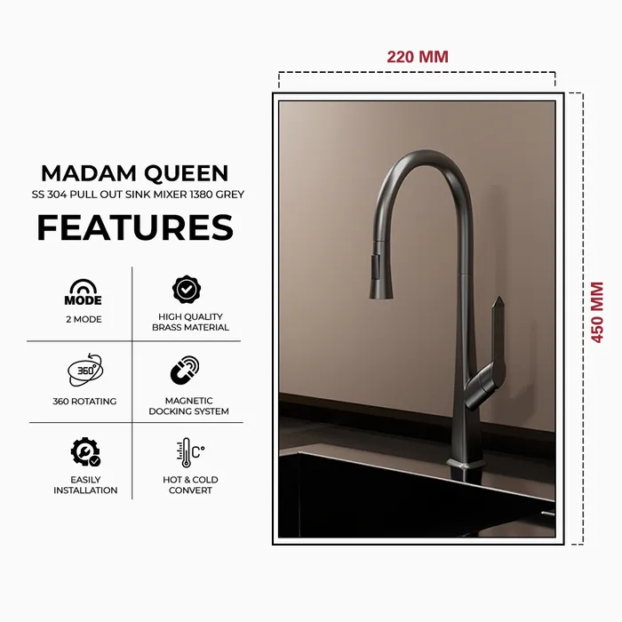 SS 304 Pull Out Sink Mixer 1380 Grey