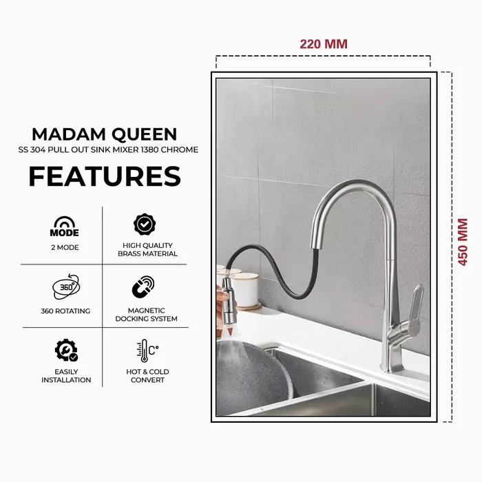 SS 304 Pull Out Sink Mixer 1380 Chrome