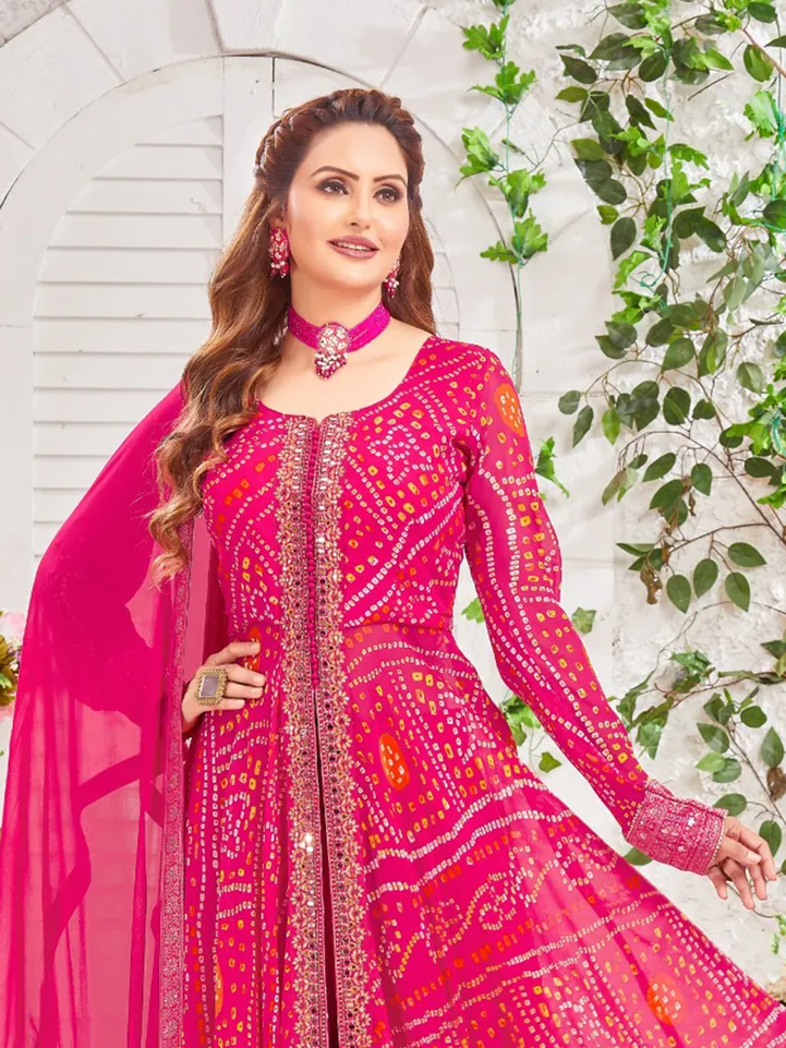 Pink georgette palazzo suit with bandhani print-G3-WSS45483