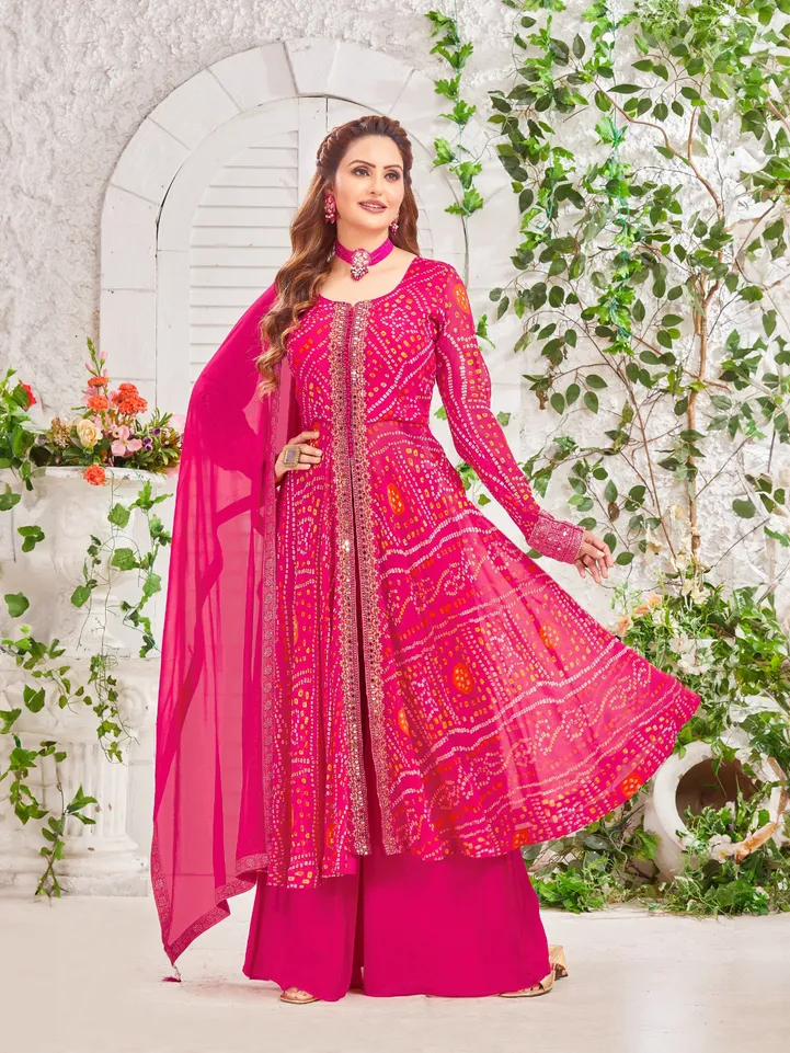 Pink georgette palazzo suit with bandhani print-G3-WSS45483