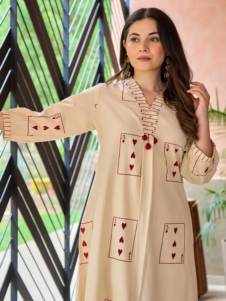 Beige cotton printed kurti set casual wear