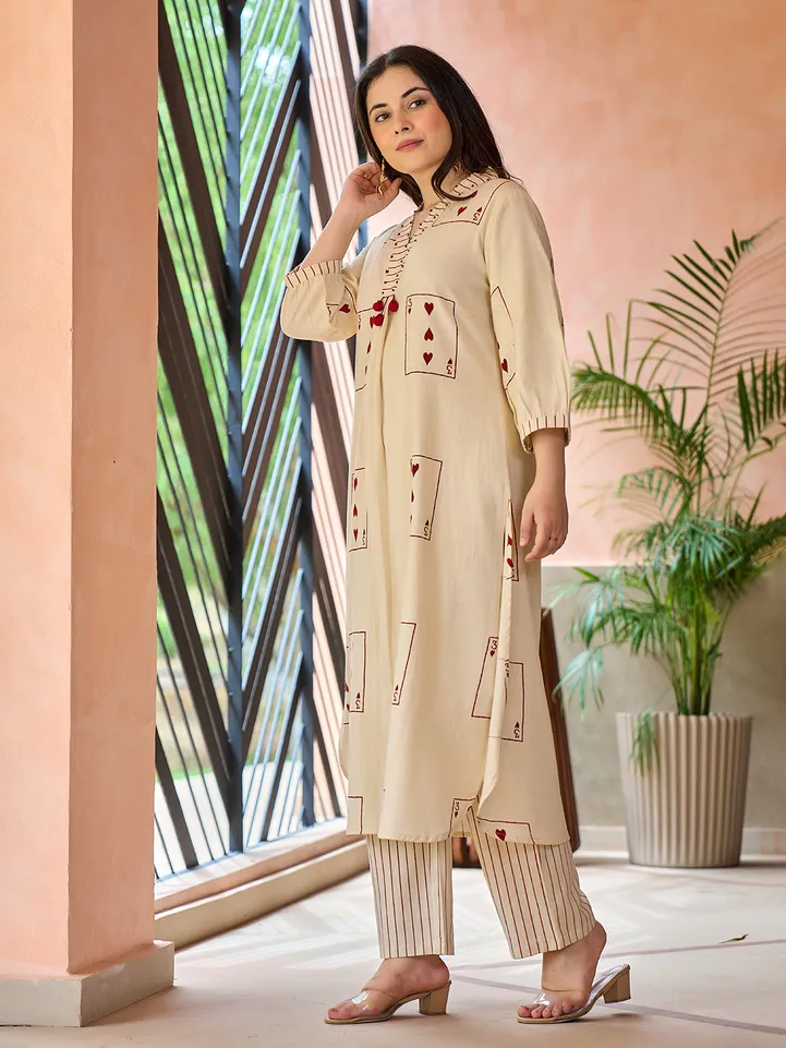 Beige cotton printed kurti set casual wear