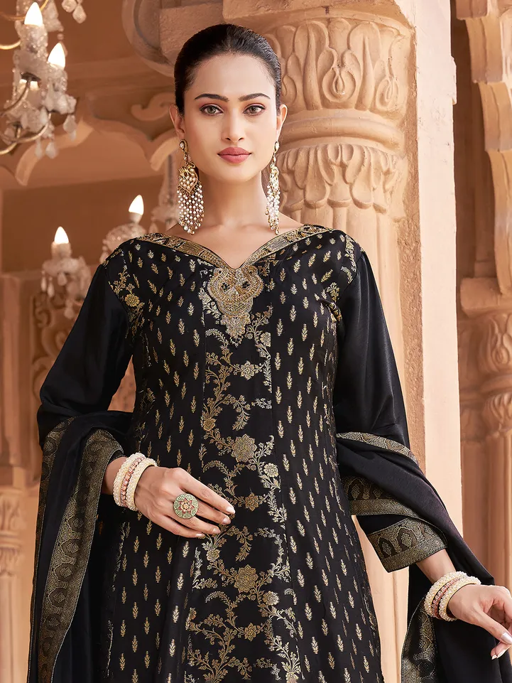 slim fit dress slacks Embroidered Black & Gold Eid Suit Pakistani Salwar Suit Kameez Dress –  subhvastra