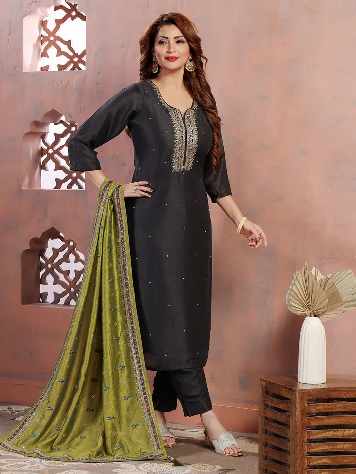 green emerald velvet dress Black Anarkali Georgette Gown With Golden Dupatta Set – Niharika Jaipur main image 0