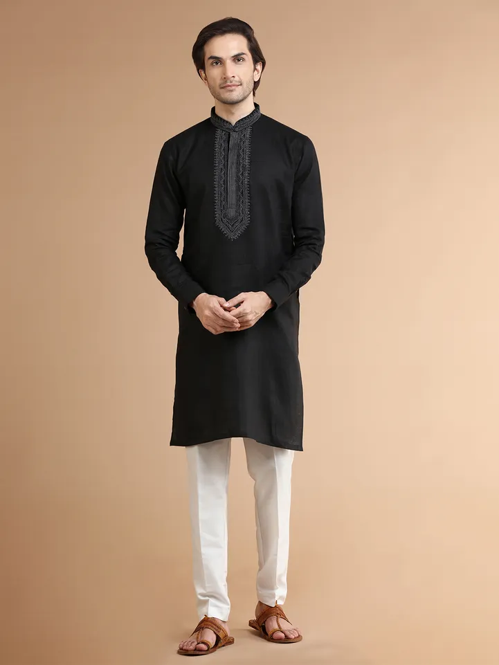 Classic black linen  Men Kurta pajama