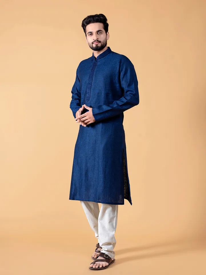Classy plain dark blue linen  Men Kurta pajama