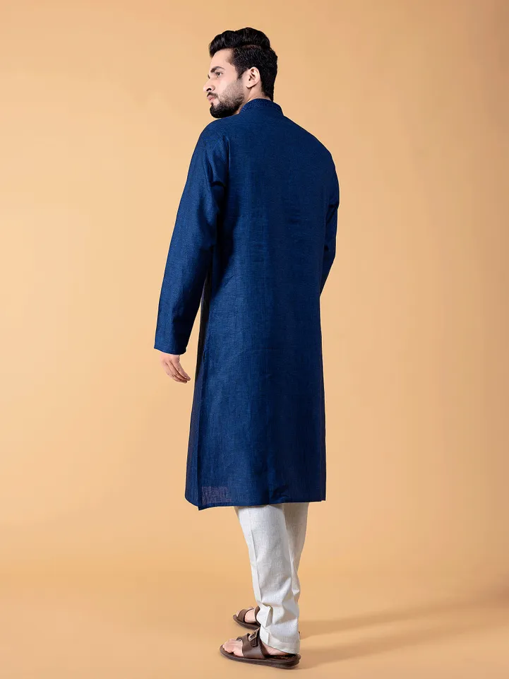 Classy plain dark blue linen  Men Kurta pajama