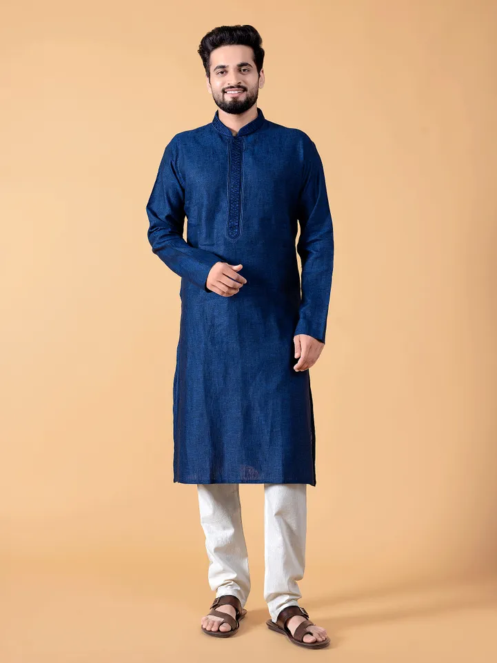 Classy plain dark blue linen  Men Kurta pajama