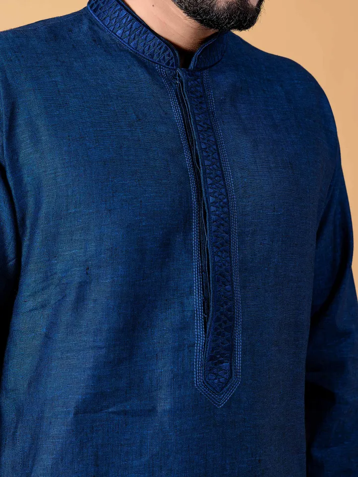 Classy plain dark blue linen  Men Kurta pajama