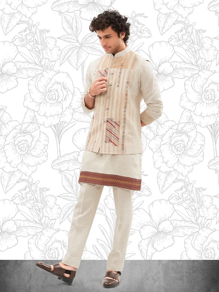 Cream printed cotton waistcoat set for men