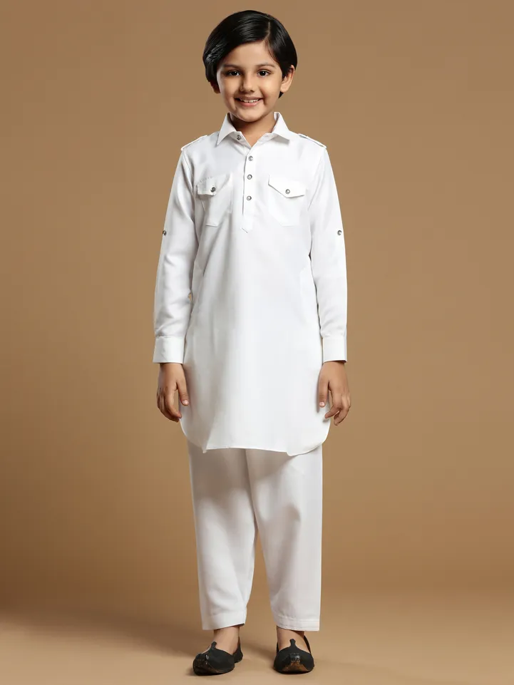 white festive wear plain cotton silk pathani suit
