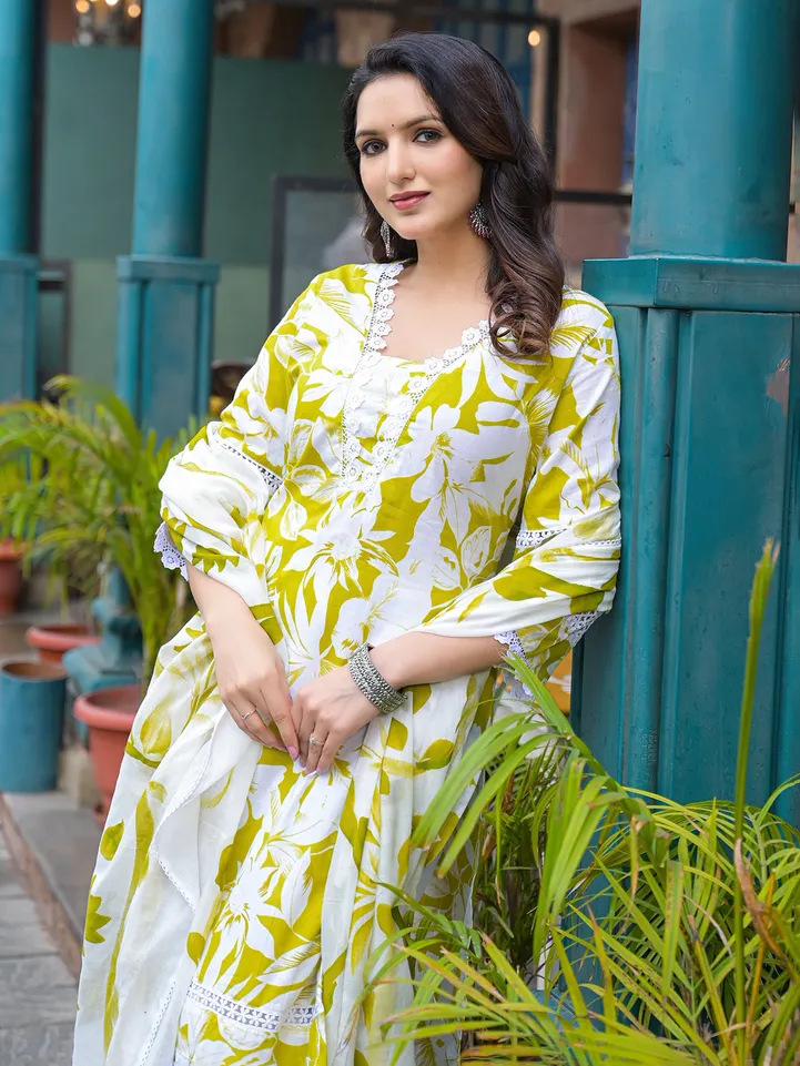 Lemon Green Cotton Printed Kurti Set for Women