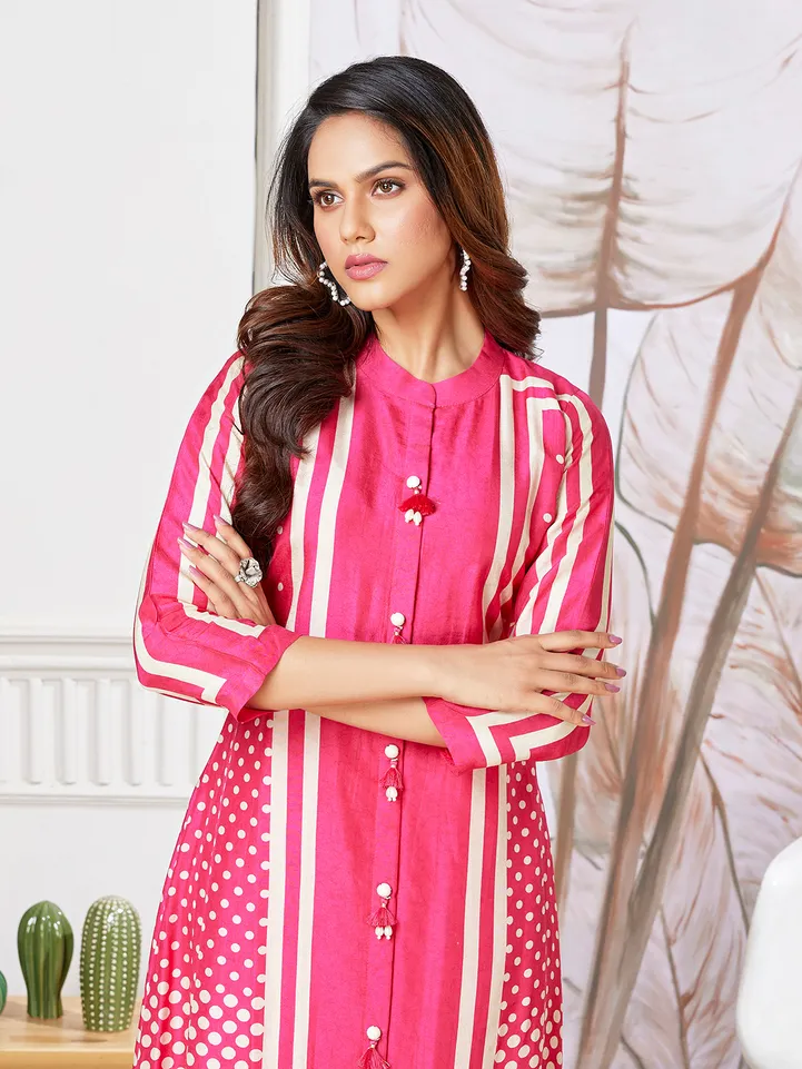 Magenta printed russian silk kurti set