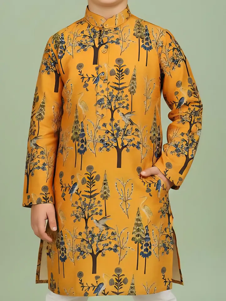 Mustard yellow cotton kurta suit with ptint