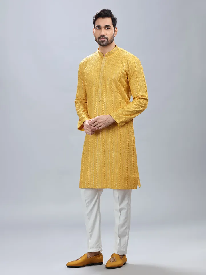 Mustard yellow kurta set for men