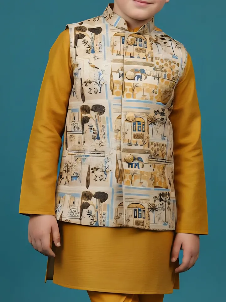 Mustard yellow semi silk waistcoat set with print