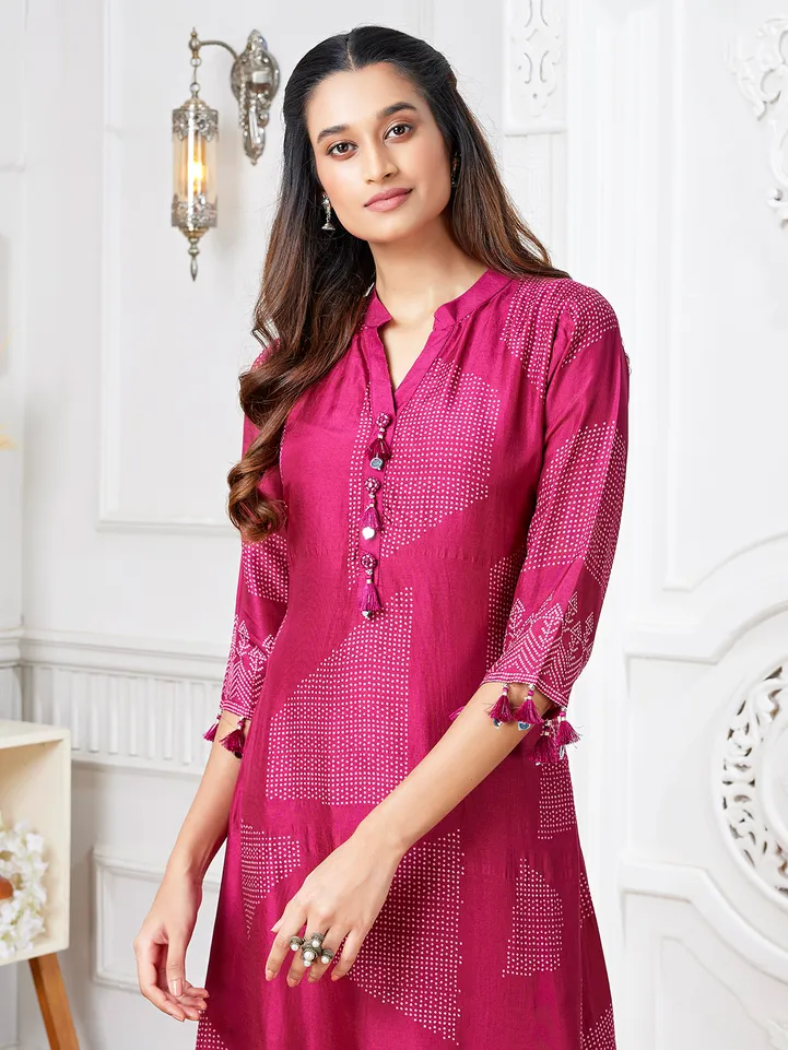 Newest wine russian silk printed kurti set