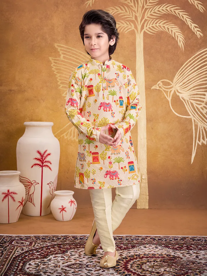 Off white thread worked cotton kurta suit