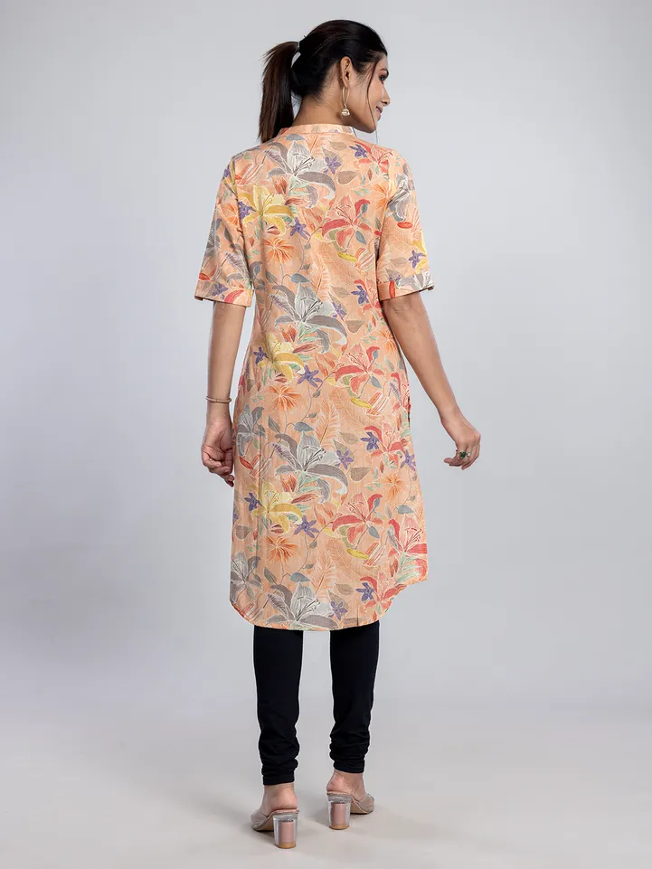 Peach printed linen kurti for women