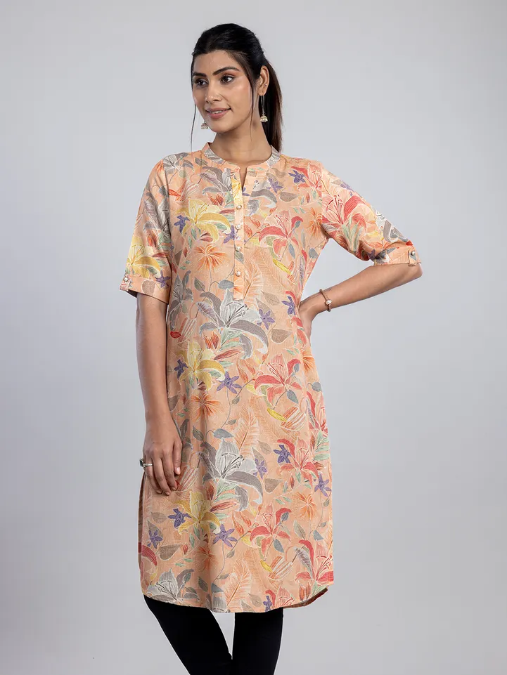 Peach printed linen kurti for women
