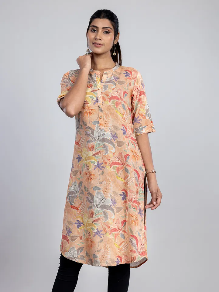 Peach printed linen kurti for women