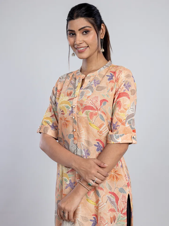 Peach printed linen kurti for women