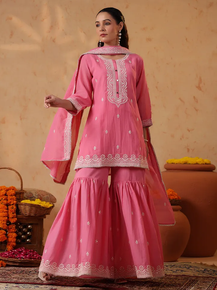 Pink silk festive sharara set with embroidery embellishments