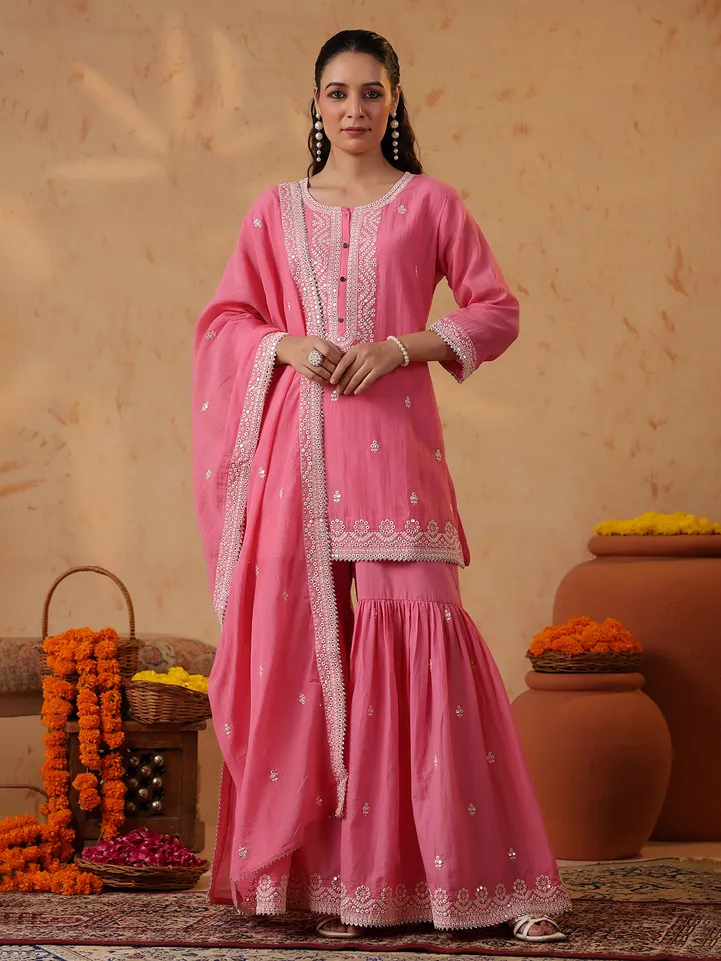 Pink silk festive sharara set with embroidery embellishments