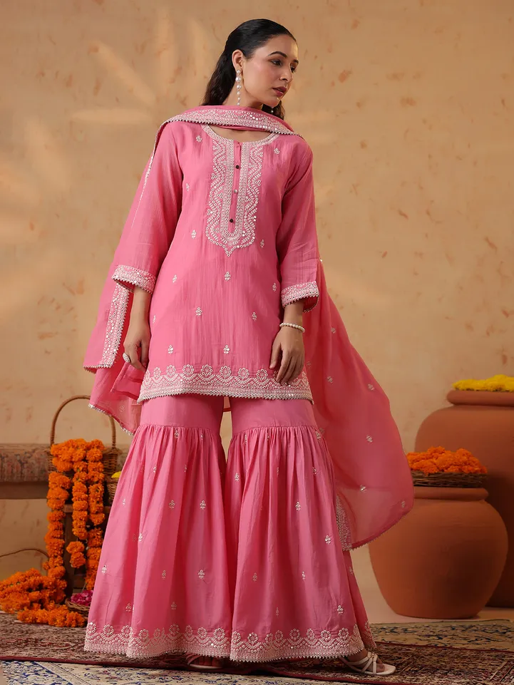 Pink silk festive sharara set with embroidery embellishments