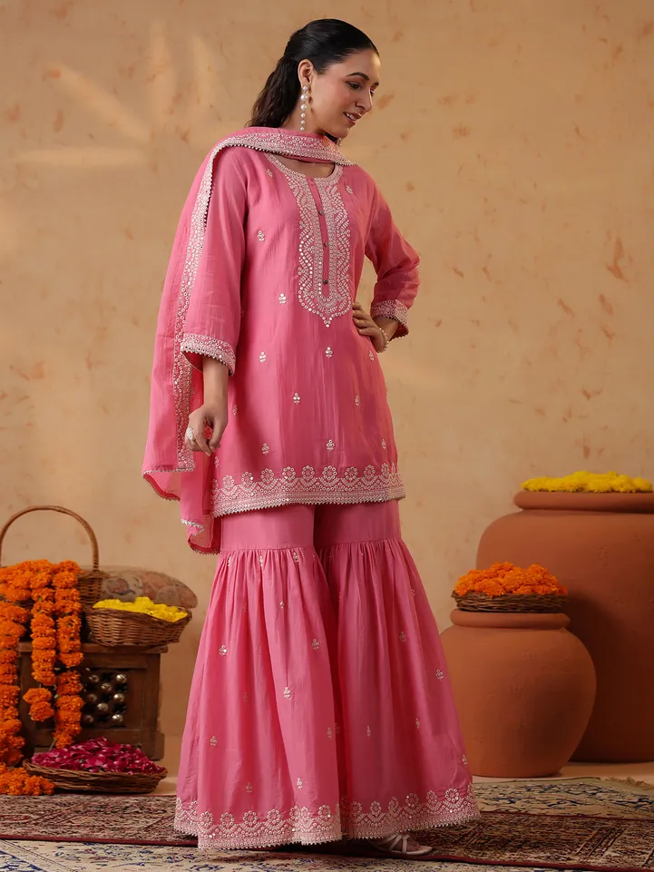 Pink silk festive sharara set with embroidery embellishments
