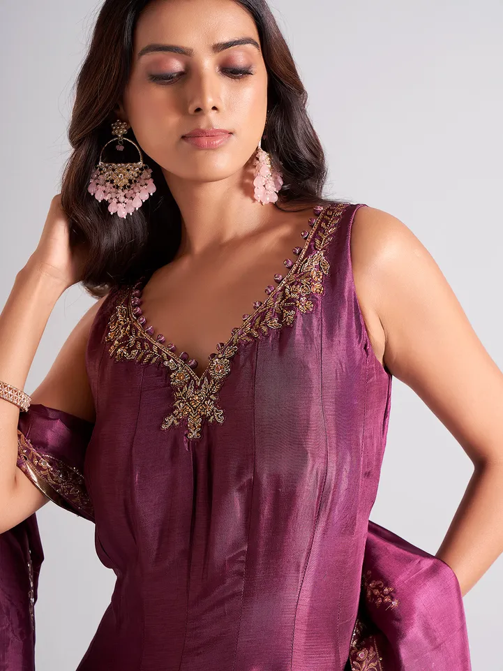 Purple palazzo salwar suit in raw silk