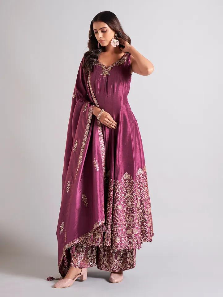 Purple palazzo salwar suit in raw silk