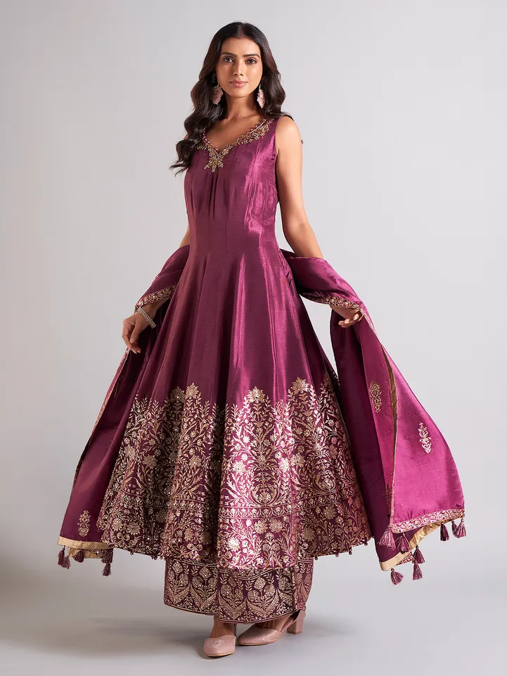 Purple palazzo salwar suit in raw silk