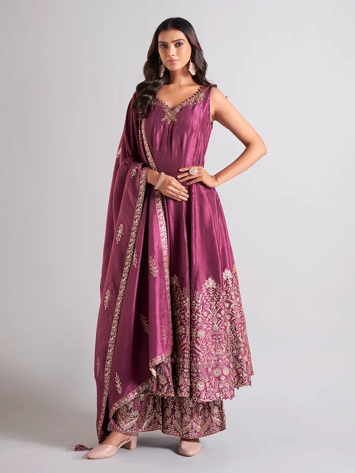 Purple palazzo salwar suit in raw silk
