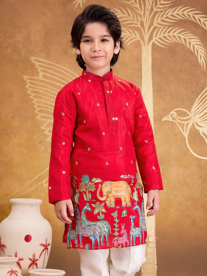 Red silk kurta suit with resham and sequins work