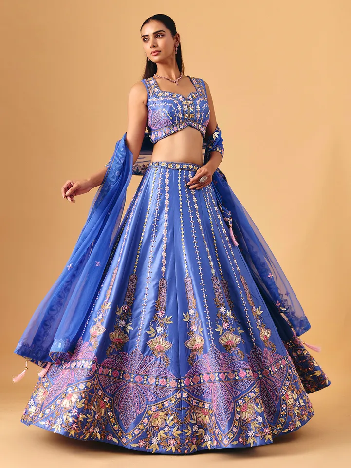 Royal blue silk lehenga choli with pearl embellished...