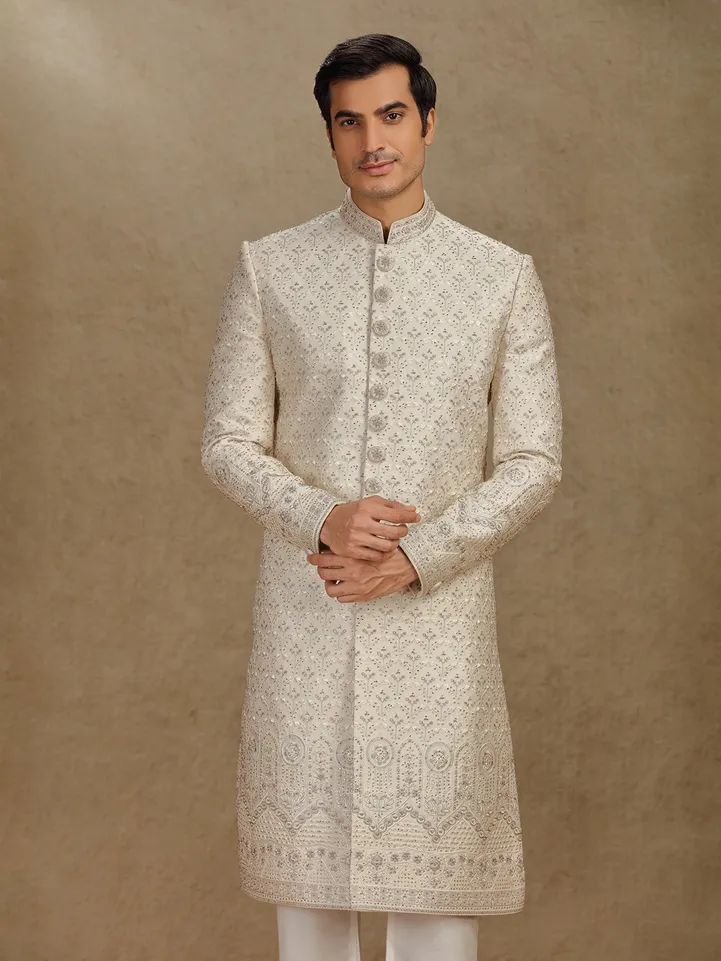 Royal cream silk sherwani for wedding celebrations