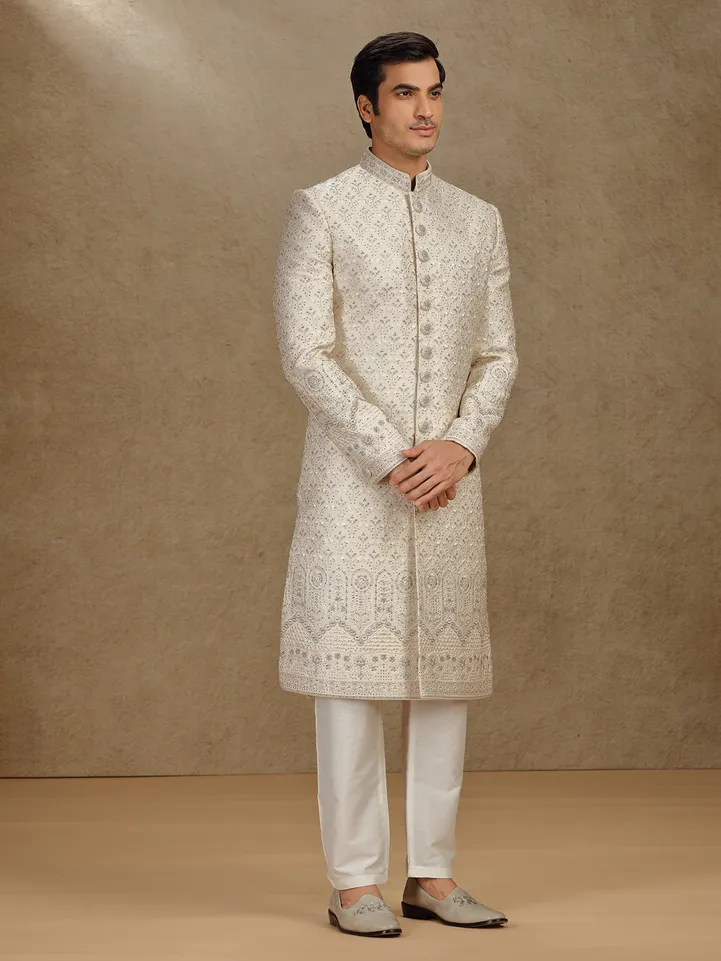 Royal cream silk sherwani for wedding celebrations