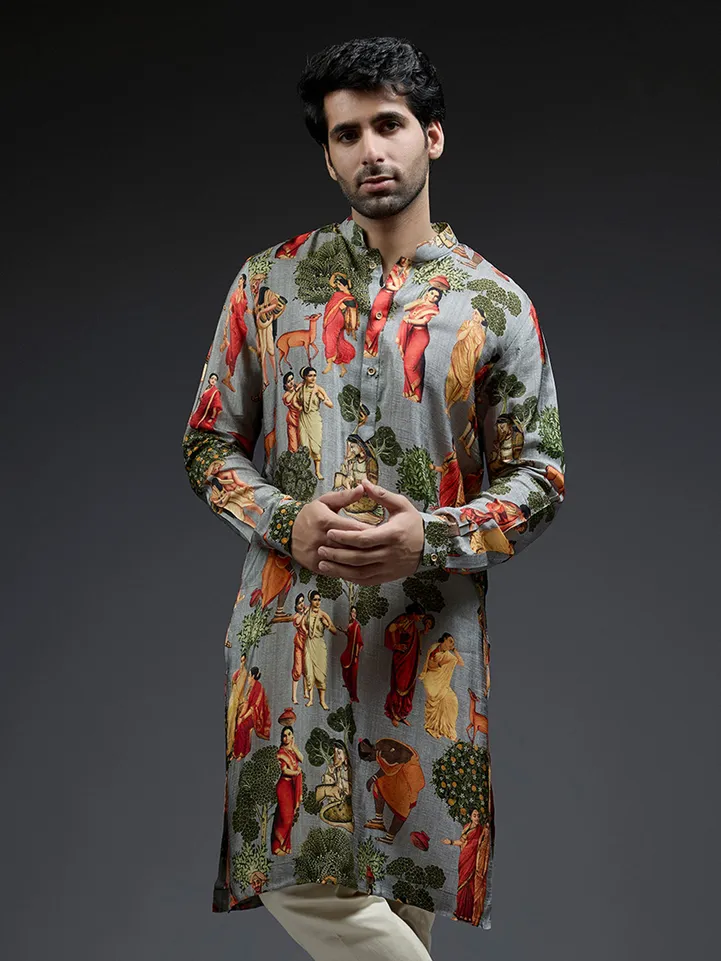Royal grey silk kurta suit in village theme