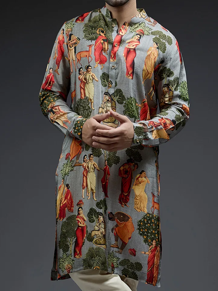 Royal grey silk kurta suit in village theme