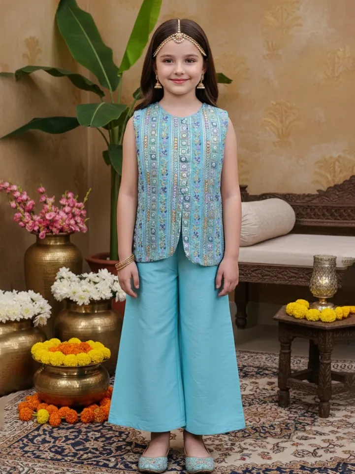 Sky blue silk embroidered palazzo suit for girls