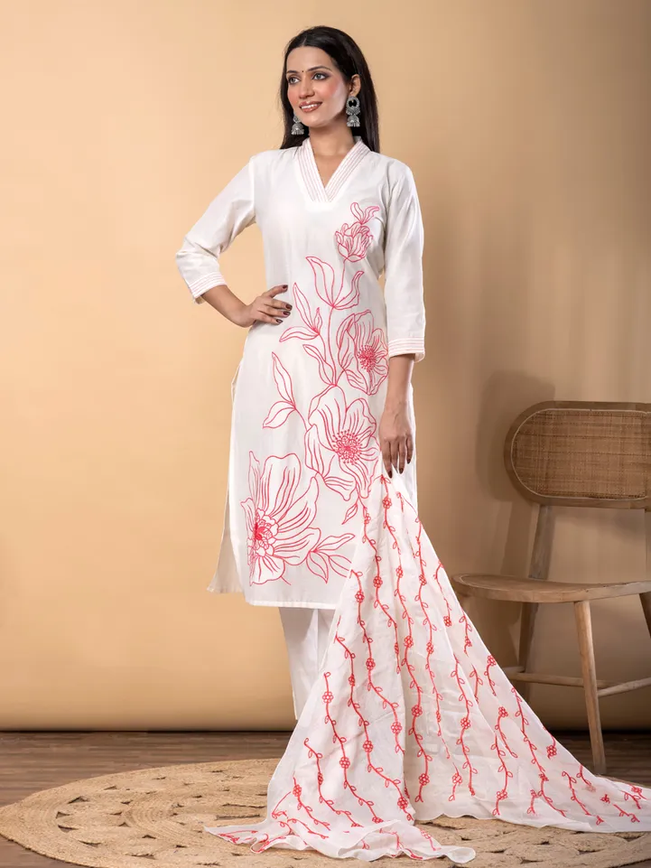 White and pink cotton kurti set with dupatta