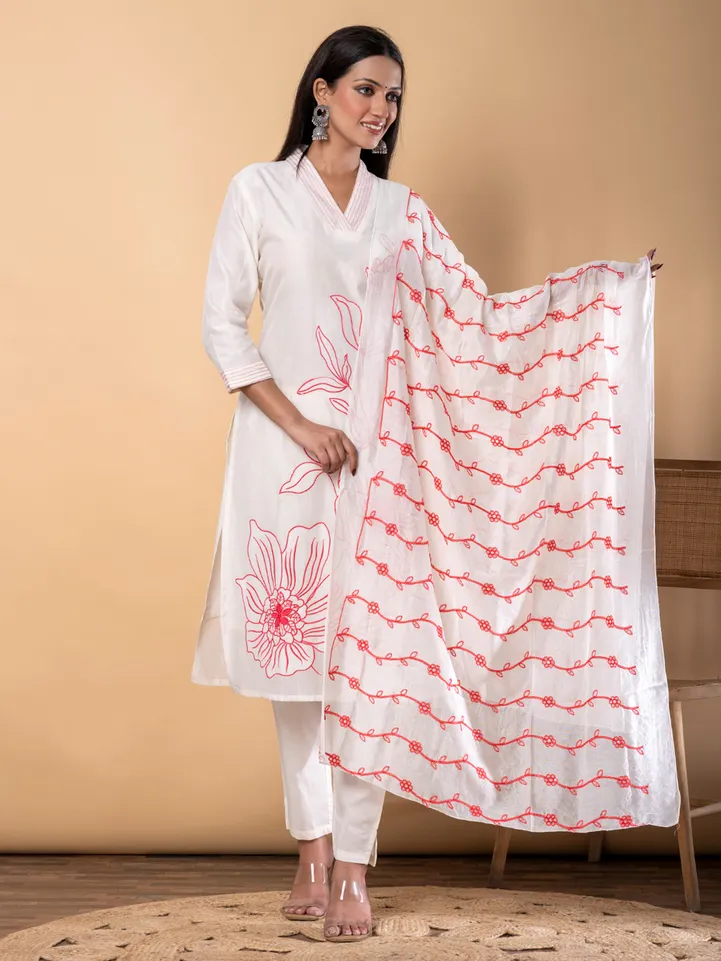White and pink cotton kurti set with dupatta